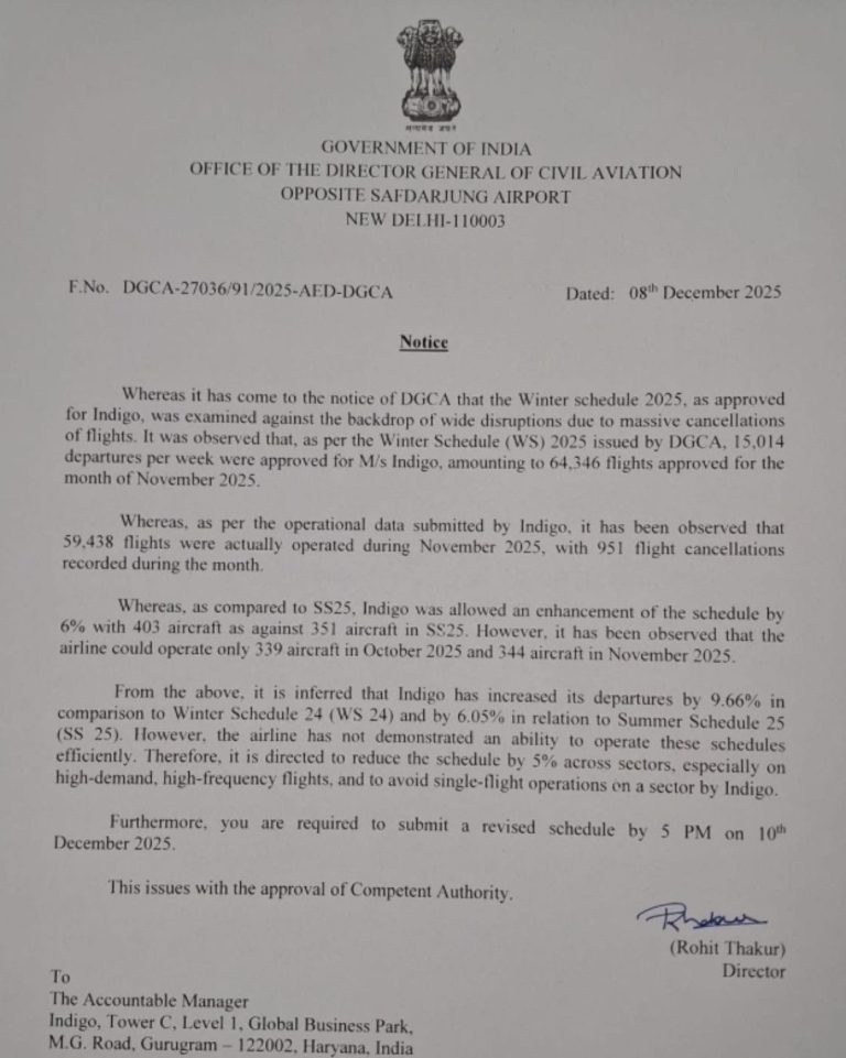 बड़े पैमाने पर अव्यवस्था के बाद DGCA ने IndiGo की उड़ानों में 5% कटौती की